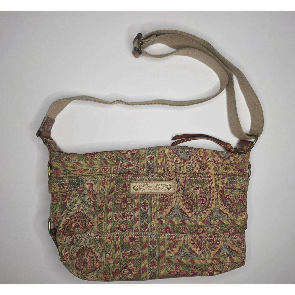 Fossil 75082 Floral BOHO hippie Hobo Tote Bag purse Shoulder Strap brass Y2K
